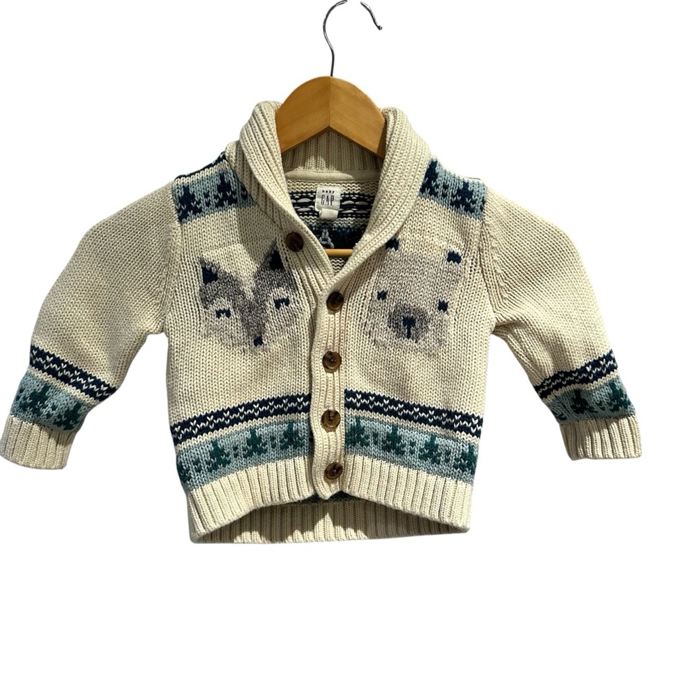Baby Gap Fair Isle Collared Cardigan‎ Cream Blue Size 18-24 months